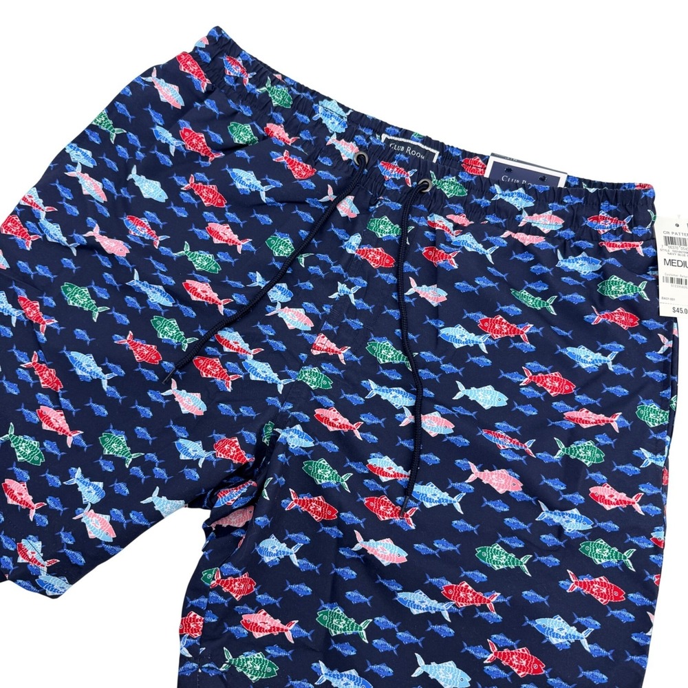 Club Room Swim Trunks Mens M Navy Blue Fish Pattern Mesh Lined Beach Pool NEW
